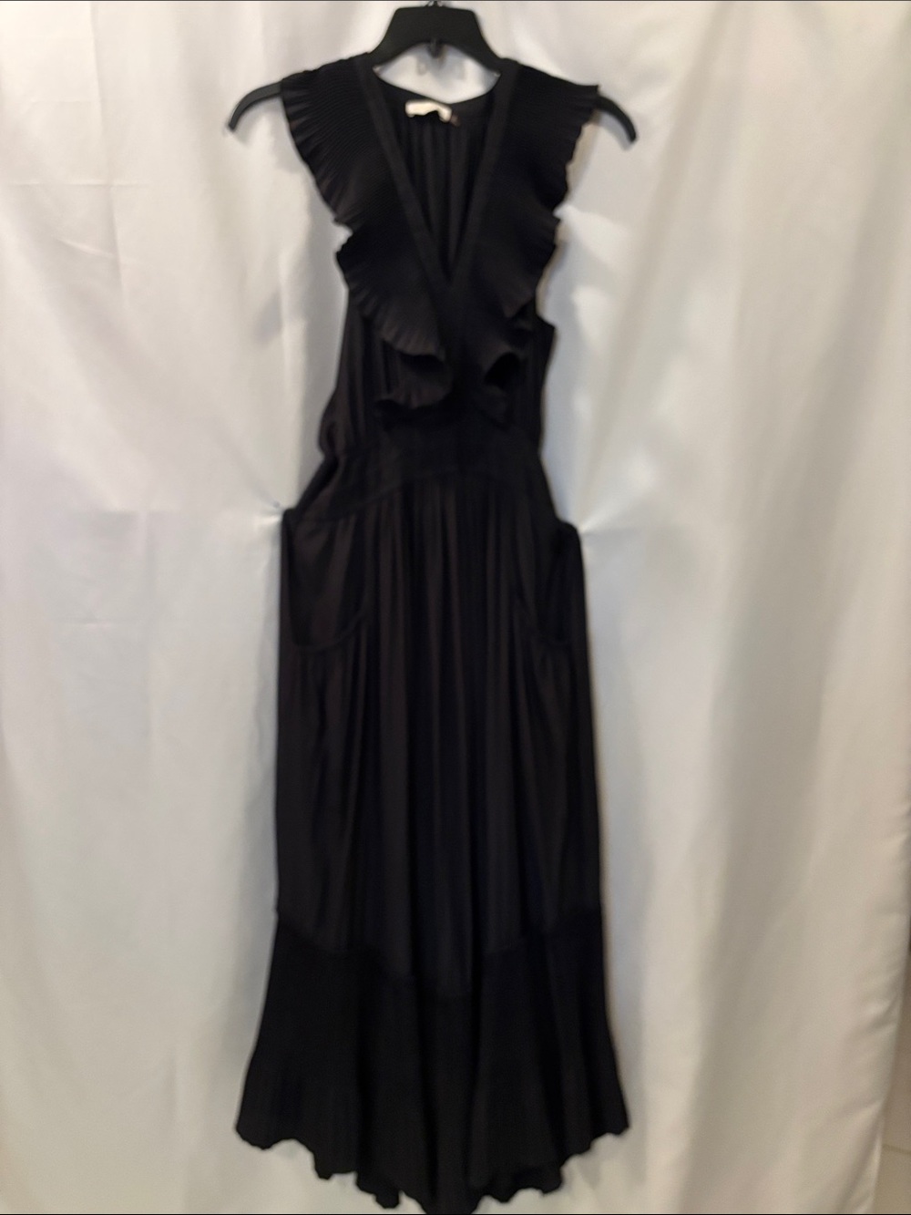 Ramy Brook Black Pleated Ruffle Maxi Dress - size Large